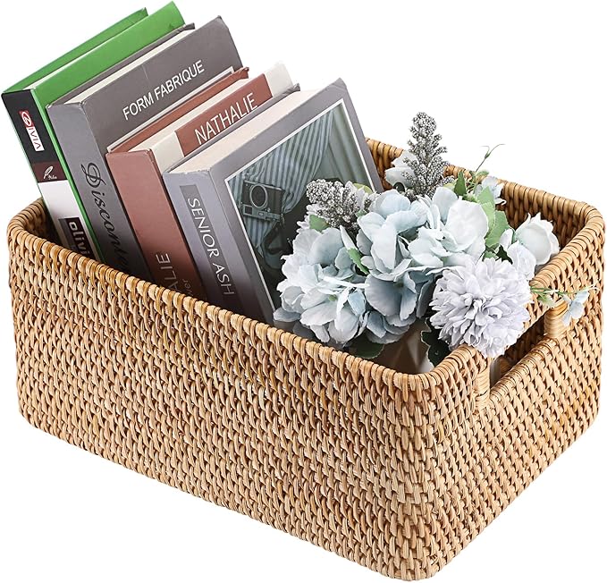 Hipiwe Handwoven Wicker Basket for Organizing Natural Rattan Basket with Handles Rectangular Closet Organizer Bin Multipurpose Storage Box, 13.8" x 9.8" x 6.3"