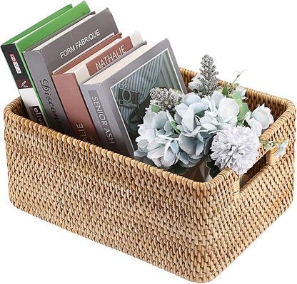 Hipiwe Handwoven Wicker Basket for Organizing Natural Rattan Basket with Handles Rectangular Closet Organizer Bin Multipurpose Storage Box, 13.8" x 9.8" x 6.3"