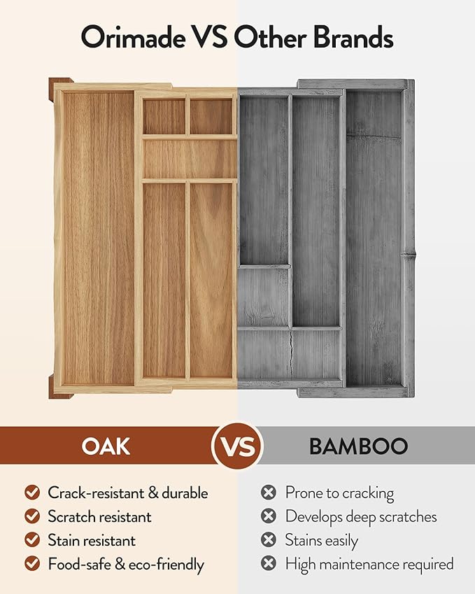 Orimade Oak Expandable Silverware Drawer Organizer, Adjustable Kitchen Utensil Holder & Cutlery Tray Drawer Dividers for Flatware (10 Slot), Large