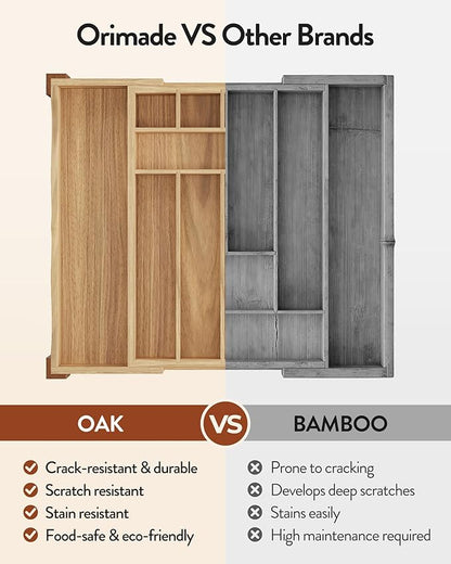 Orimade Oak Expandable Silverware Drawer Organizer, Adjustable Kitchen Utensil Holder & Cutlery Tray Drawer Dividers for Flatware (10 Slot), Large