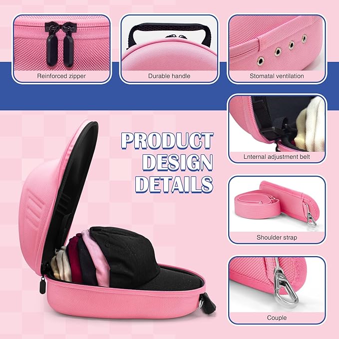 Hat Travel Case for Baseball Caps, Storage with Carrying Handle and Adjustable Shoulder Strap,Hat Organizer Protects up to 6 Hats,Hat Box for Travel and Home Storage(Pink)