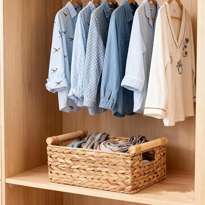 Water Hyacinth Wicker Storage Basket, Rectangular Handwoven Shelf Organizer with Wooden Handles for Pantry & Closet (Medium)