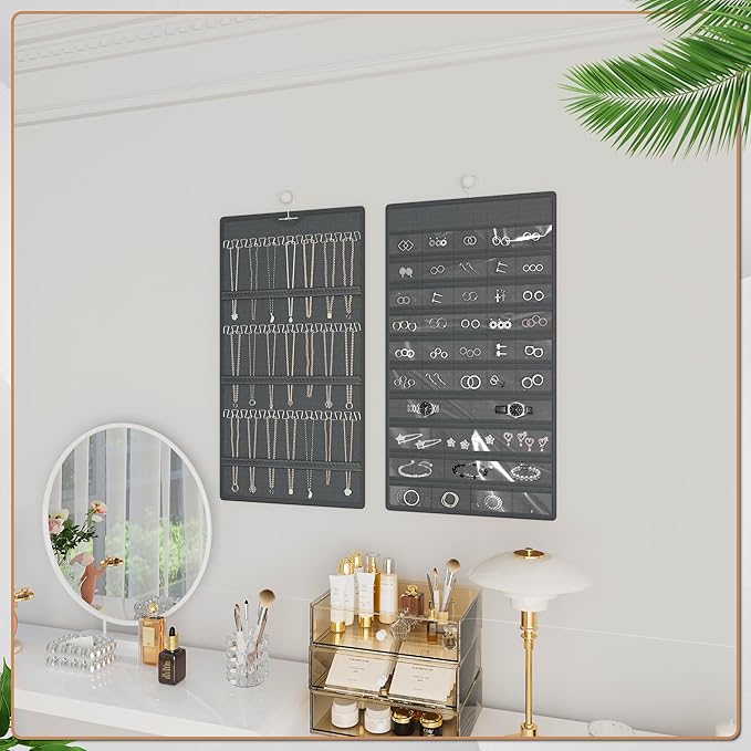 Hanging Jewelry Organizer Storage Roll, Double-Sided Necklaces Holder, 42 Pockets Plus 36 hooks Earrings Organizer Hang in Closet, On Wall, or Doors, Dark Gray