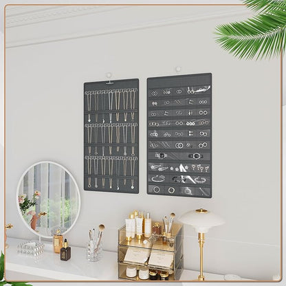 Hanging Jewelry Organizer Storage Roll, Double-Sided Necklaces Holder, 42 Pockets Plus 36 hooks Earrings Organizer Hang in Closet, On Wall, or Doors, Dark Gray