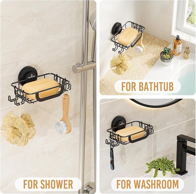 LEVERLOC Soap Holder Shower with Hooks, Bar Suction Cup Soap Dish Tray for Wall, Rust-Proof Stainless Steel Sponge Caddy for Bathroom Accessories Organizer Bathtub Kitchen Sink, Black