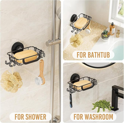 LEVERLOC Soap Holder Shower with Hooks, Bar Suction Cup Soap Dish Tray for Wall, Rust-Proof Stainless Steel Sponge Caddy for Bathroom Accessories Organizer Bathtub Kitchen Sink, Black