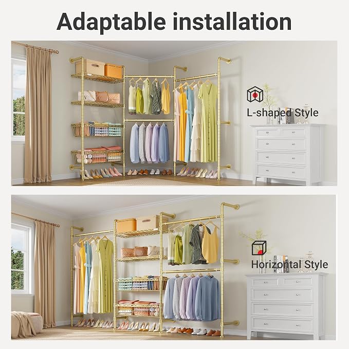 Timate X3 Expandable Heavy Duty Clothes Rack Wall Mounted Clothing Rack for Hanging Clothes, Industrial Pipe Closet System for Walk in Closet Kit, Wall Mount Clothes Rack with Basket, Gold Wall Closet