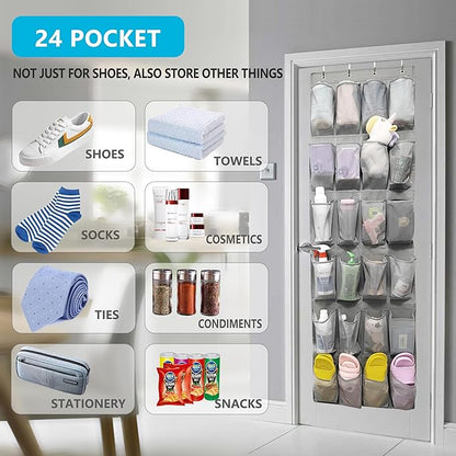 Over The Door Shoe Organizers with 24 Mesh Pockets Shoe Organizer Storage Hanging Shoe Organizer Shoe Holder for Rack (Grey)