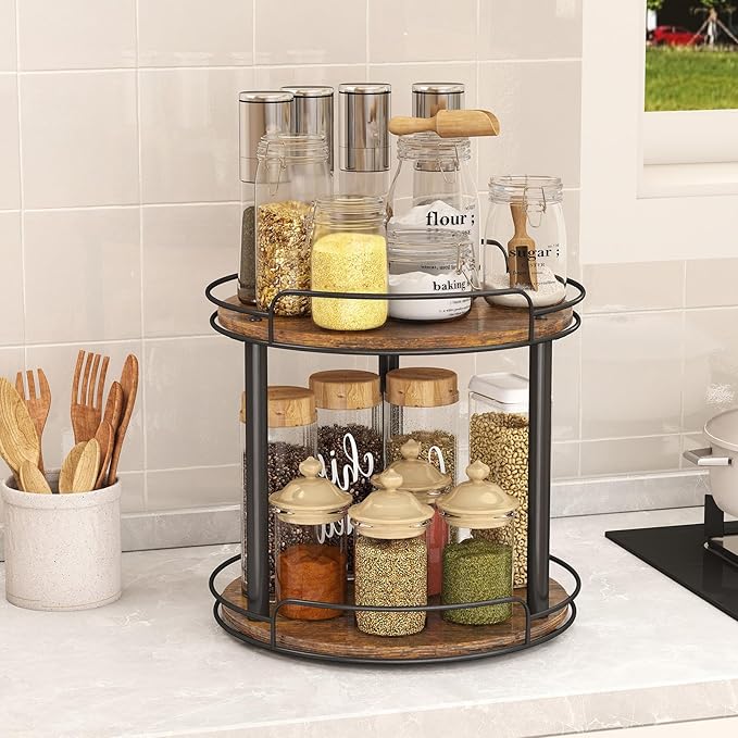 LAMU 10'' Wood Lazy Susan Turntable Organizer for Cabinet, 2 Tier Lazy Susan Spice Rack Organizer for Kitchen, Table Top, Countertop, Pantry, Medicine Organizer
