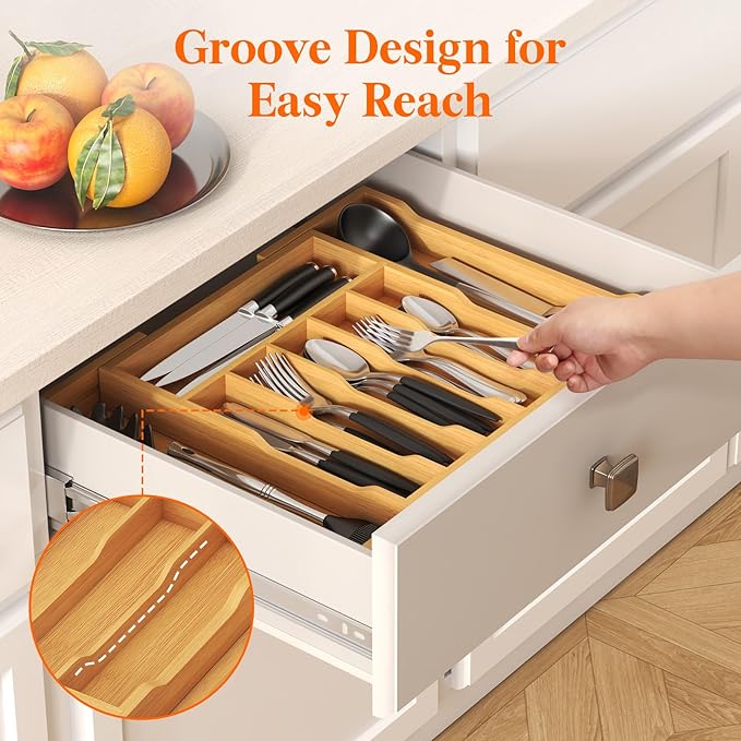 Lifewit Silverware Drawer Organizer, Expandable Utensil Tray for Kitchen, Flatware and Cutlery Holder, Wood Adjustable Storage for Spoons Forks Knives, 13-22x15/ 33-56x38cm, Natural