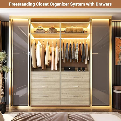 Besiost Freestanding 2FT Closet System with 3 Wood Drawers, 24" Closet Organizer System with Hanging Rod & Shelves, Walk-in Closet Systems for Small Closet, White Oak (24"L*15"W*80"H)