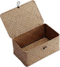 Nonam Small Basket with Lid, Natural Seagrass Bin with Lid, Shelf Baskets Multipurpose Container for Boho Decoration, Rectangular Household Storage Boxes for Home Organization-Coffee