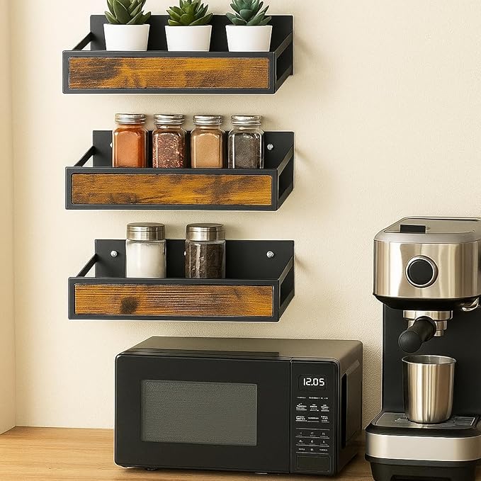 Spice Rack Wall Mount for Large Spice Jars, 6 Pack Ironwood Spice Organizer shelf for Rustic, Industrial and Modern Kitchens,Quick Adhesive Strips and Screws for Mounting (Engineered Wood)