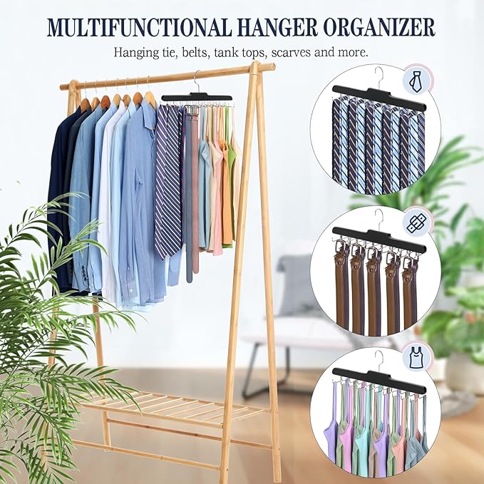2PC Tie Rack Hanger for Closet Fitnice Upgraded Non Slip Tie Holder Organizer Space Saving with 20 Foldable Hooks Wooden Belt Hanger for Tank Tops Bras Cami Scarves,Black