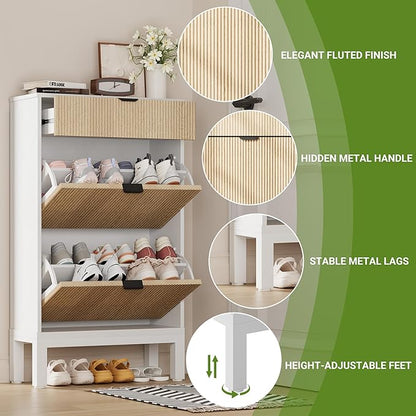 IDEALHOUSE Shoe Storage Cabinet with 2 Flip Drawers, Farmhouse Fluted Shoe Organizer with Metal Legs, Freestanding Hidden Slim Narrow Shoe Rack for Entryway, Foyer, Hallway