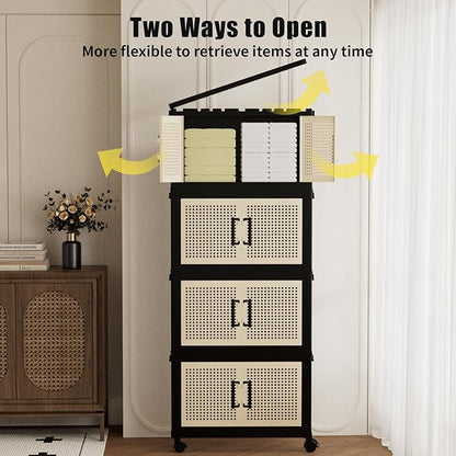 Storage Bins with Lids, Stackable Storage Containers with Lids, Collapsible Plastic Bins, Closet Organizers and Storage with Wheels and Magnetic Door for Home Office Dorm (4 Pack)