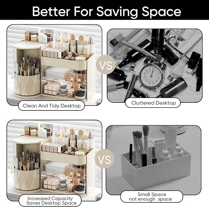 Makeup Organizer,Rotating Cosmetic Storage Organizer with Drawers,Large Capacity Makeup Brush Holder,Skincare Vanity Organizer for Bathroom Countertop,Cream.
