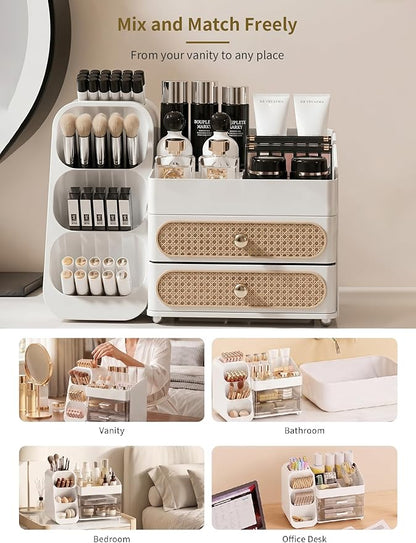 Booklov Makeup Organizer for Vanity, Large Capacity Cosmetic Display Case with Drawers, Countertop Beauty Storage Holder for Skincare, Brush Eyeliner Perfume Eyeshadow Lipsticks, Counter Desk, White