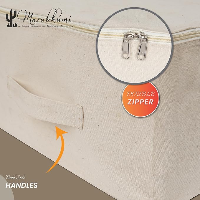 Cotton Canvas Clothes Storage Bags, Saree Covers with Zip for Storage Specially Design for Woman Dresses, Sarees, Lehengas for Wardrobe Organizer (17 x 14 x 7 Inch, off white, Pack 0f 3)