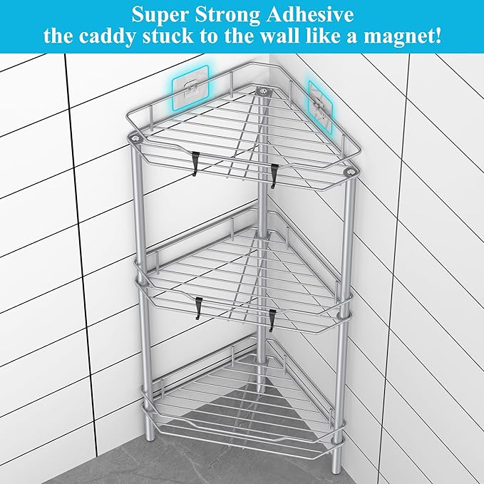 HuggieGems 3 Tier Floor Standing Corner Shower Caddy Organizer Shelf with Hooks, Bathroom Shelves Stand Rack, Silver
