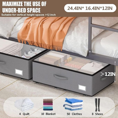 EE-RoomWorld Under Bed Storage with Wheels, No Assemble Required 12 inches height Under Bed Storage bins,Large capacity Rolling Underbed Shoe Storage containers，dorm underbed storage drawers