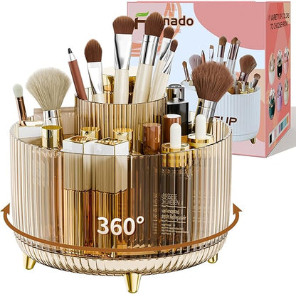 fanado 360° Rotate Makeup Brush Holder Organizer, Makeup Organizers Countertop, Makeup organization and Skincare Storage for Vanity, Desktop, Bathroom (Clear Amber)