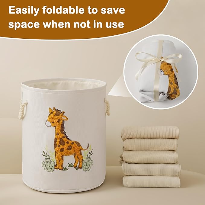 Kids Laundry Basket Baby Hamper for Nursery, Canvas 58L Large Dirty Clothes Hampers with Drawstring Closure, Jungle Theme Baby Basket, Animal Baskets Toy Laundry Hamper, Safari Nursery Decor, Giraffe