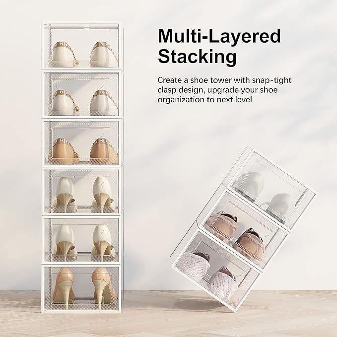 SEE SPRING 12 Pack Shoe Storage Box, Clear Plastic Stackable Shoe Organizer for Closet, Space Saving Foldable Shoe Rack Sneaker Container Bin Holder