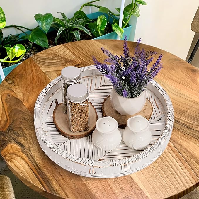 12 Inch Rustic Farmhouse Wood Lazy Susan Turntable for Table, Tomoaza White Herringbone Decorative Turntable Tray, Dining Table Centerpiece and Cabinet Organizer