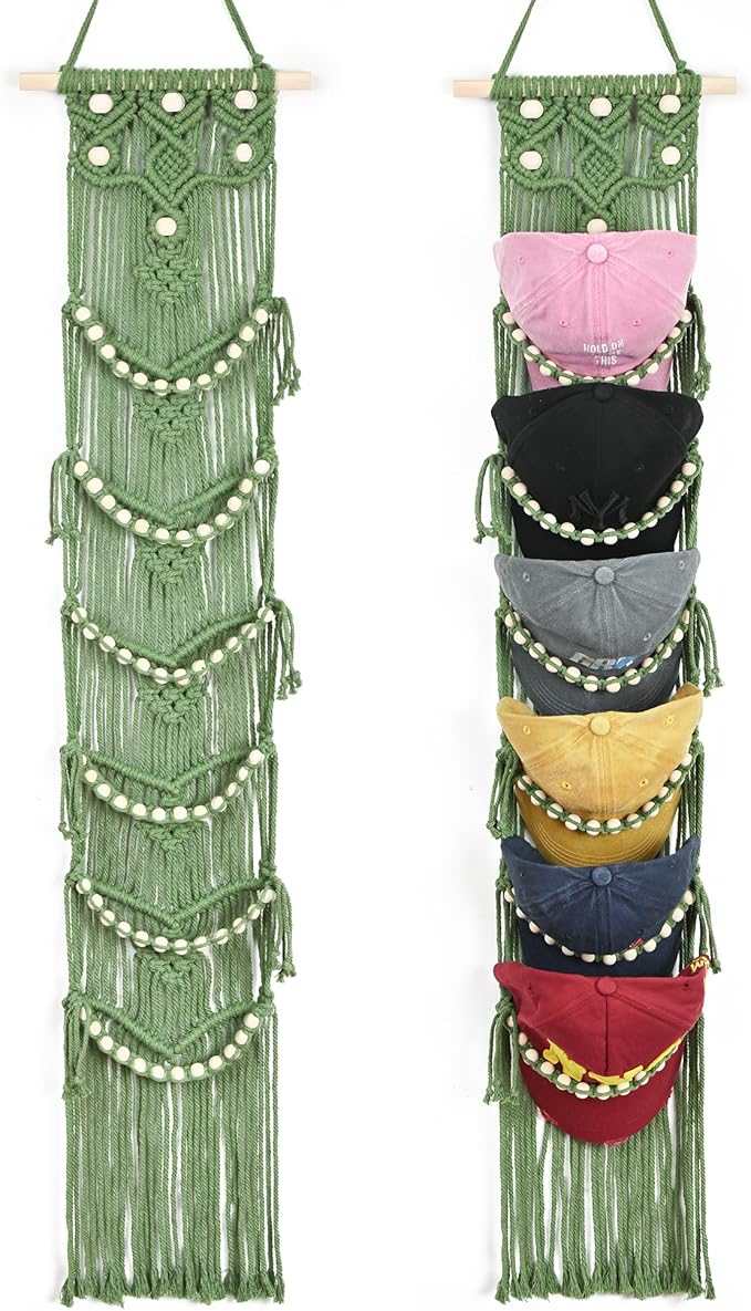 Halidali Hat Organizer for Baseball Caps, Hat Racks Cotton Rope Weaving Cap Stand, Handmade Macrame Hanging Hat Display Holder for Door Storage, Closet, Bedroom (Green, Set of 1)