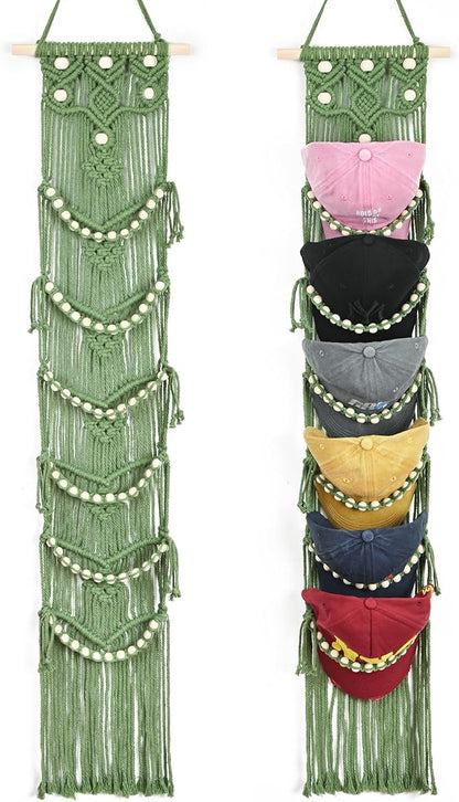 Halidali Hat Organizer for Baseball Caps, Hat Racks Cotton Rope Weaving Cap Stand, Handmade Macrame Hanging Hat Display Holder for Door Storage, Closet, Bedroom (Green, Set of 1)