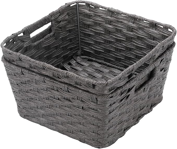 Onlytak Wicker Storage Baskets, Baskets for Shelves, Toilet Paper, Woven Storage Baskets for Organizing, Dark Grey, 12" x 12" x 6", 2-Pack