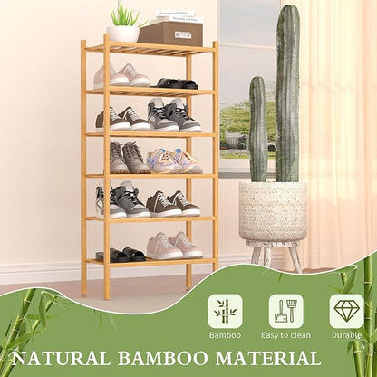 ROMGUAR CRAFT 6-Tier Bamboo Small Shoe Rack, Free Standing Wood Shoe Shelf Storage Organizer for Closet Entryway Stackable (Natural)