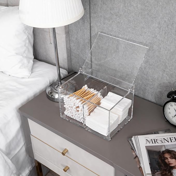 Clear Acrylic Cotton Swab Ball Holder Qtip Organizer with Lid 2-Grid Canister for Make Up Pads, Floss Picks, Vanity Storage,Bath Salts, Cosmetics, Home Bathroom Decor (DP004)