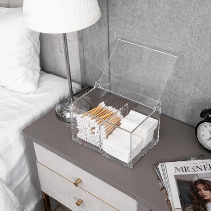 Clear Acrylic Cotton Swab Ball Holder Qtip Organizer with Lid 2-Grid Canister for Make Up Pads, Floss Picks, Vanity Storage,Bath Salts, Cosmetics, Home Bathroom Decor (DP004)