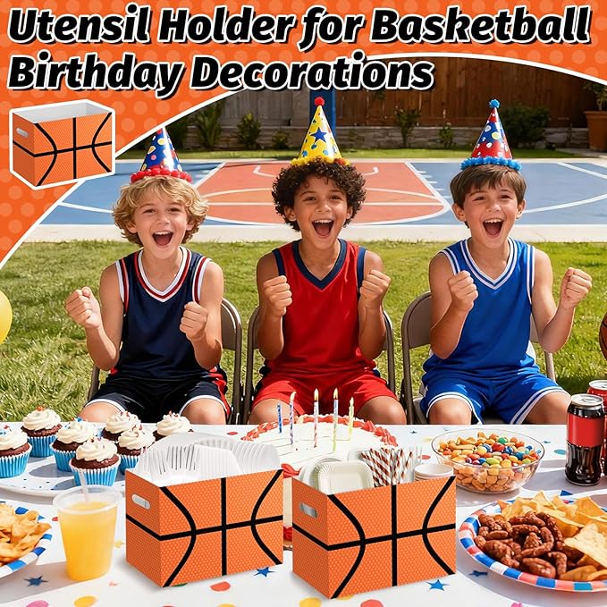 2PCS Basketball Utensil Holder Paper Utensil Caddy for Basketball Party Decorations Disposable Cutlery Holder with Handles for Sports Birthday Party Supplies Boys Party Favors Cutlery Caddy