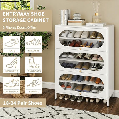 Foreate 6-Tier Entryway Shoe Storage Cabinet with 3 Flip-Up Glass Doors & Removable Shelf, 42” Metal Cabinet Shoe Rack Organizer for 18-24 Pair Shoes, Tall Freestanding Modern Shoe Cabinet-Glass Door