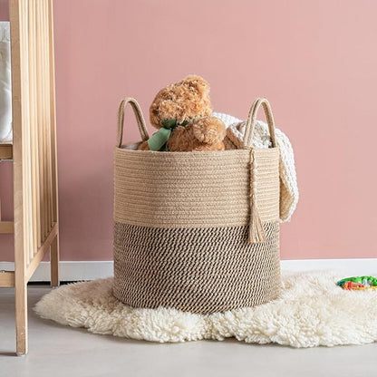 Mkono Woven Storage Basket Decorative Rope Basket Wooden Bead Decoration for Blankets,Toys,Clothes,Shoes,Plant Organizer Bin with Handles Living Room Home Decor, Yellow and Black, 16" W × 13.8"
