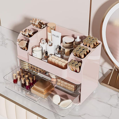 Delamu Large Makeup Organizer Countertop with 6 Brush Holders, Makeup Organizers for Vanity with 2 Large Drawers, Easy to Store Skincare, Lipsticks, Nail Polishes, Perfumes, Eyeshadow Palettes, Pink