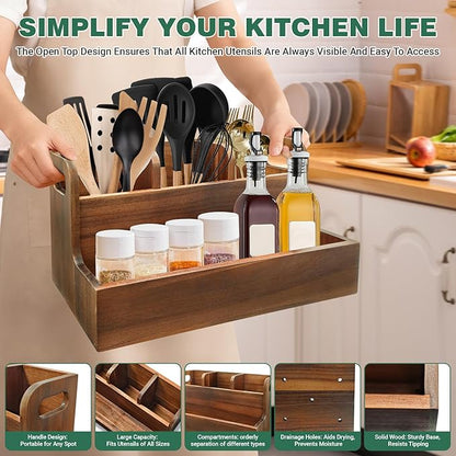 Kitchen Utensil Holder for Countertop with 4 Compartments Acacia Large Utensil Holder Wooden Storage for Cooking,Baking,Flatware Tool Kitchen Utensil Organizer