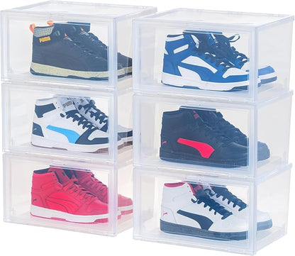 IRIS USA Stackable Shoe Display Box with Flip Up Door, 6-Pack, Sturdy Shoe Organizer Container with Side Display for High-Top Sneakers, Closet Under Bed and Entryway Storage, Clear