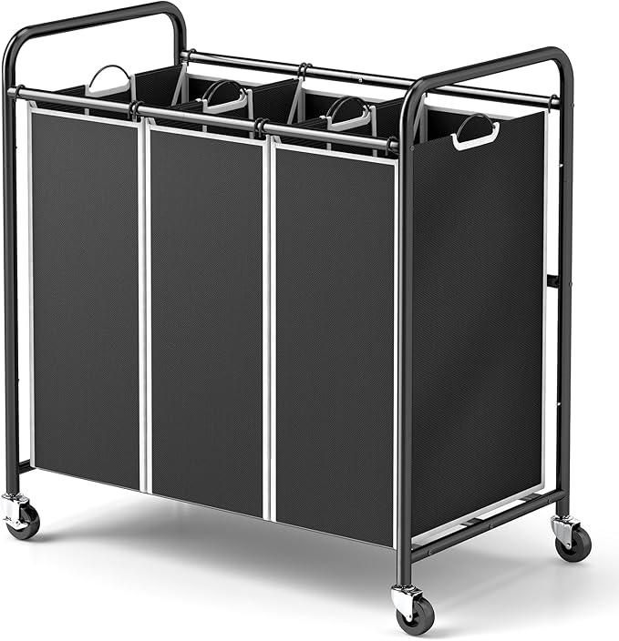 ROMOON Laundry Sorter Hamper 3 Section, Divided Laundry Basket Organizer with Heavy Duty Lockable Wheels and Removable Bags, Rolling Clothes Hamper for Apartment, Dorm & Family (135L Modern Black)