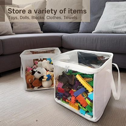 holay 2 Pack Foldable PVC Storage Bins with Transparent Lid & Handles, Large 12-Inch Cube Organizer Boxes for Clothes, Toys & Books (White, Large)