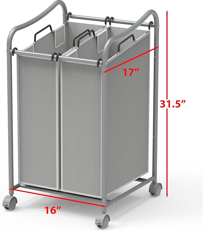 Simple Houseware 2-Bag Heavy Duty Rolling Laundry Sorter Cart, Silver – 2 Section Removable Bags and Lockable Wheels for Laundry Room Organization