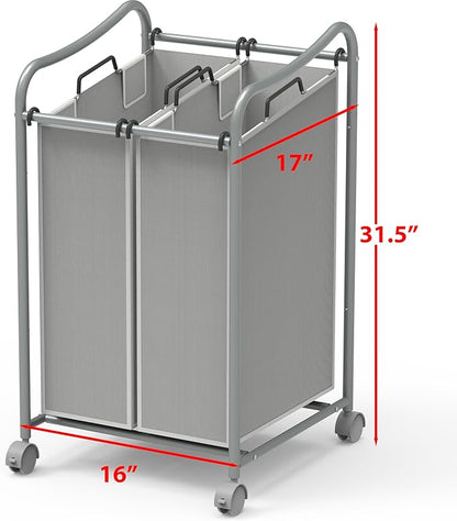 Simple Houseware 2-Bag Heavy Duty Rolling Laundry Sorter Cart, Silver – 2 Section Removable Bags and Lockable Wheels for Laundry Room Organization