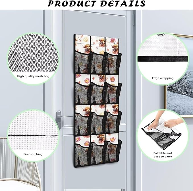 Highland Cow Shoe Organizer Door Hanger for Dorm Room Essentials Multi-Funtion Storage Bag Door Hanging Shoe Organizer for Living Room,Mesh Fabric Wall Hanging Storage with 12 Pockets