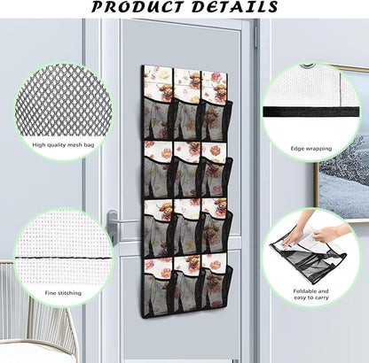 Highland Cow Shoe Organizer Door Hanger for Dorm Room Essentials Multi-Funtion Storage Bag Door Hanging Shoe Organizer for Living Room,Mesh Fabric Wall Hanging Storage with 12 Pockets