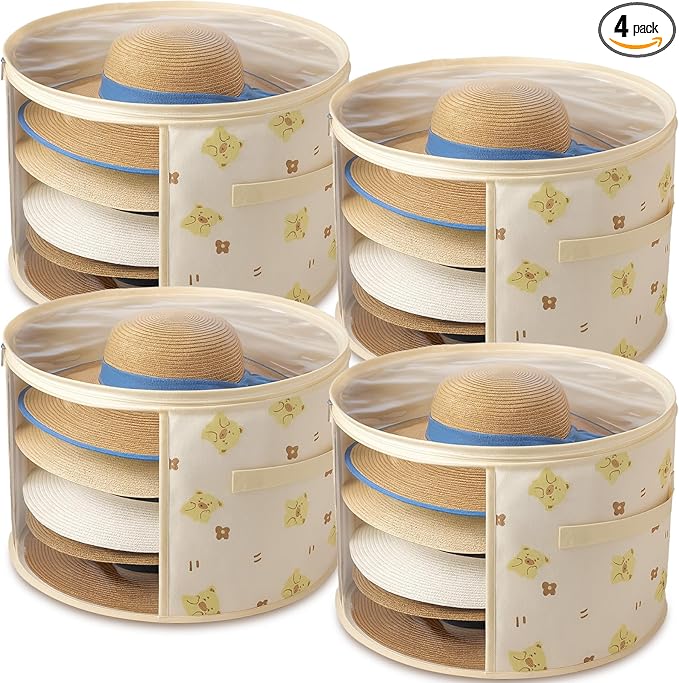 AceOrbit 4 Pcs Oversized Clear Hat Storage Box for Women 16.5 x 10.4 Inch Cowboy Hat Storage Box with Lid Hats Bags for Travel Holds up to 7 Caps (Beige,Bear Style)