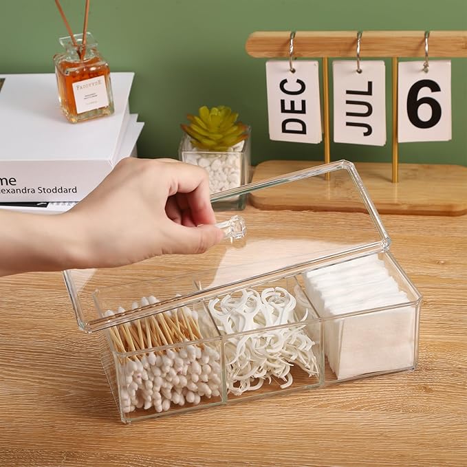 Qtip Holder Transparent 3 Compartments Cotton Ball and Swab Holder Organizer with Lid,Jar for Cotton Rounds,Bathroom Containers,Clear Acrylic Desk Organizer for Makeup Pads,Cosmetics Bedroom