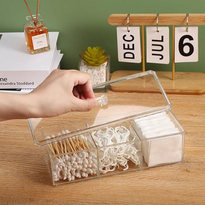 Qtip Holder Transparent 3 Compartments Cotton Ball and Swab Holder Organizer with Lid,Jar for Cotton Rounds,Bathroom Containers,Clear Acrylic Desk Organizer for Makeup Pads,Cosmetics Bedroom
